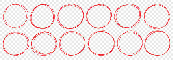 Hand drawn red circle line sketch set. Highlight circle frames. Ellipses in doodle style. For marking text, numbers, marker pen, pencil, logo, hand-drawn doodle grunge circle highlights. 