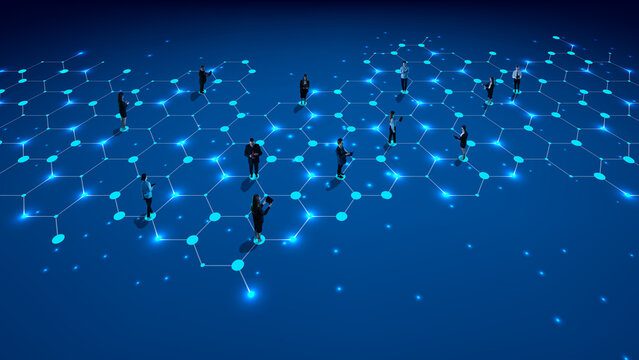 Business people connected through hexagonal tech pattern. Blockchain logic, collaboration and digital infrastructure. Concept of networking, advanced technologies, digital art. Collage with 5 models