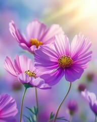 Fototapeta premium Radiant cosmos blooms in soft light a captivating close up showcasing delicate petals against a dreamy background floral elegance and serene beauty