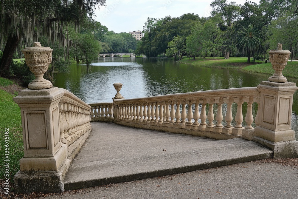 Aufkleber beautiful stone walkway leading down to a tranquil lake in a lush park setting