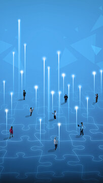 People walking across puzzle-shaped digital surface with luminous data streams, illustrating connection, integration and business collaboration through modern technologies. Collage with 7 models.