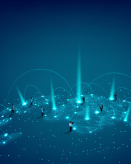 People spread across networked globe with digital arcs and data points, expressing global...