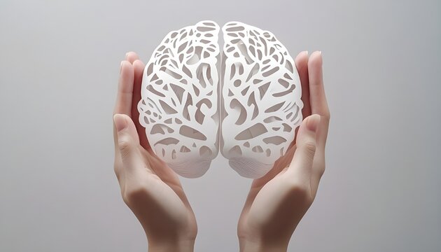 A high-definition image of hands holding a paper cutout of a human brain shape, symbolizing creative intelligence and awareness of neurological conditions  - Powered by Adobe