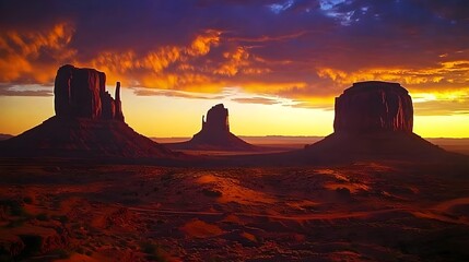 Classic sunset view of Monument Valley buttes with red rock formations and desert sky (American Southwest Landscape)