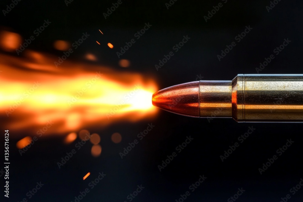 Leinwandbilder bullet igniting with flame and sparks during discharge in a dark environment at a shooting range