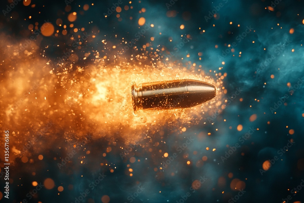 Poster dynamic bullet in motion surrounded by orange sparks and blue smoke, illustrating speed and impact i