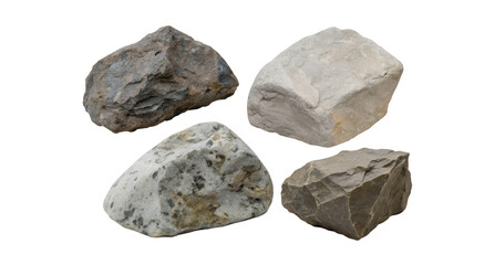 Obraz premium set of varied realistic stone shapes, isolated on a transparent PNG background, featuring rough, polished, and uneven textures for cutout and design use