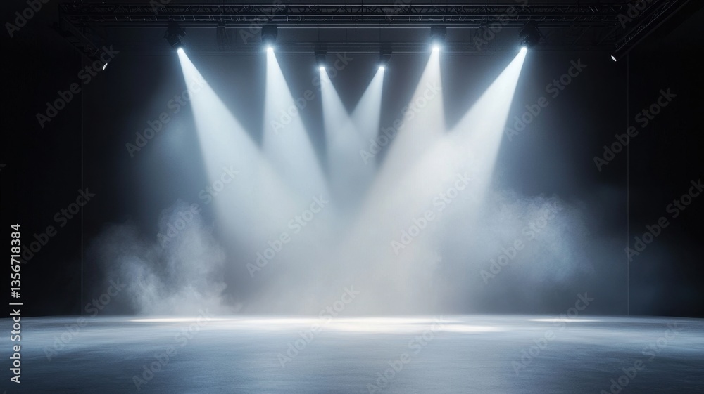 Poster spotlights illuminating an empty stage abstract background filled with smoke, creating a dramatic an
