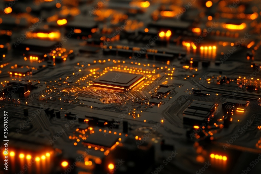 Poster Modern microchip glowing with orange lights showcasing intricate circuitry in an electronic environment