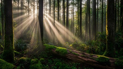 Obraz premium Close-up of golden sunbeams illuminating moss-covered trees in ancient forest (Woodland Detail)