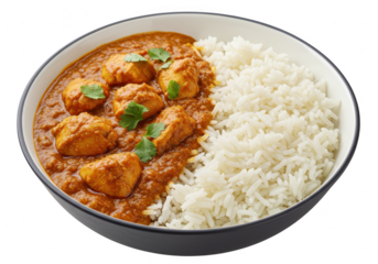 A bowl filled half with fluffy basmati rice and half with rich, red chicken curry isolated on transparent background