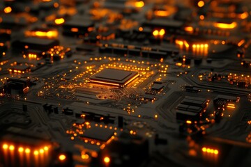 Modern microchip glowing with orange lights showcasing intricate circuitry in an electronic environment