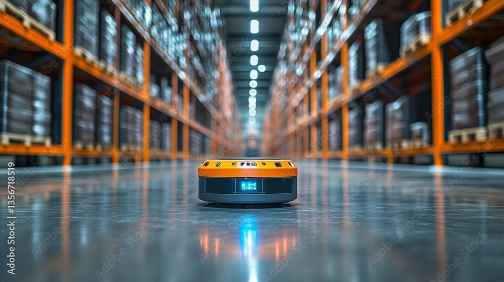 Aufkleber An automated robot navigates through a large warehouse filled with stacked pallets, efficiently managing inventory and processing freight operations under bright lighting conditions.