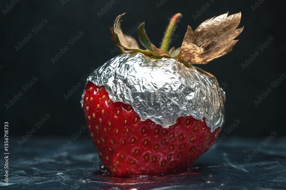 Poster Unique strawberry wrapped in shiny foil resting on a dark surface highlighting its vibrant color and texture