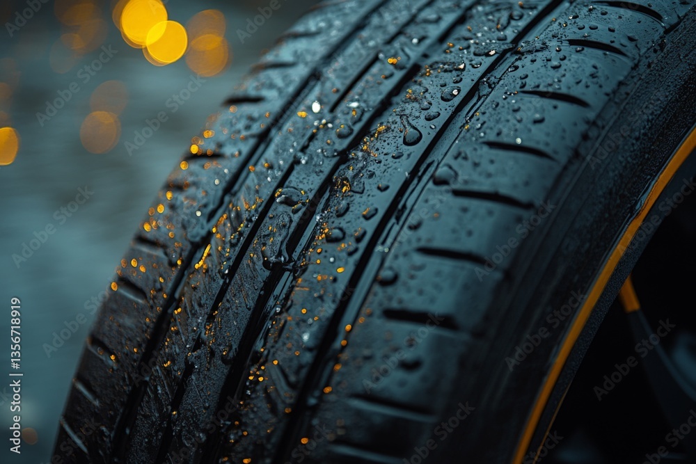 Poster close view of a wet tire tread reflecting golden lights after a rain shower in an urban setting