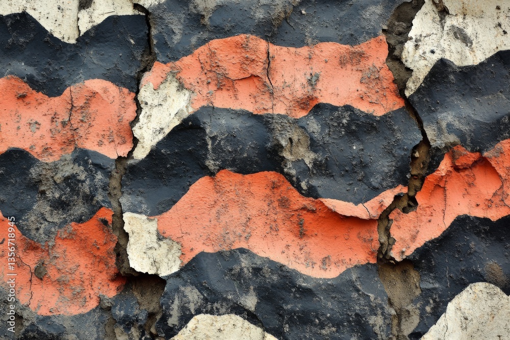 Poster textured wall with cracked surface displaying alternating black and orange stripes in urban setting