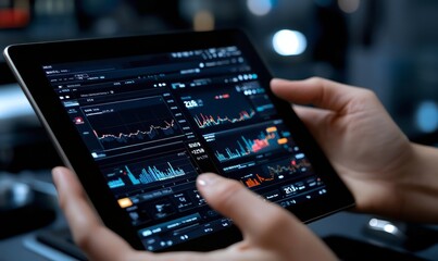Business executive reviewing digital reports on a tablet with a modern analytics dashboard