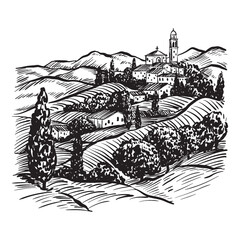 Vector black and white line art illustration of an Italian landscape with rolling hills, vineyards, cypress trees, and traditional architecture. Minimalistic and elegant, following the 2025 trend. 