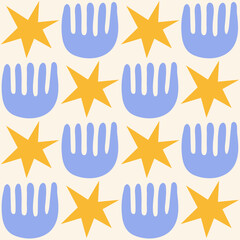 Cute geometric seamless pattern with hand drawn shapes on a beige background. Simple groovy modern design. Blue and yellow colors. Vector illustration