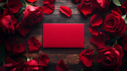 Red roses and petals surround a red card on dark wood, creating a romantic Valentine's Day scene Mockup for message or text