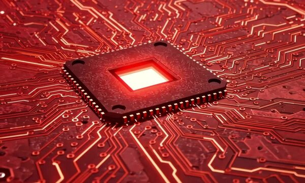 Close up of a red computer chip with glowing center and intricate circuit patterns surrounding it
