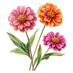 Zinnia Branch, watercolor illustration, isolated on a white background.