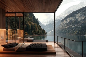 Fototapeta premium Serene Lakeside Retreat: A Modern Bedroom with Panoramic Mountain Views