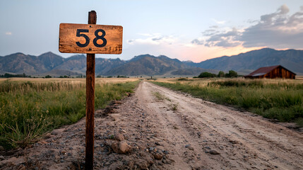 Numbered Wooden Sign on a Dirt Road Leading to Mountains at Sunset