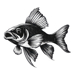 Fototapeta premium Black and white fish illustration detailed fins scales aquatic life art monochrome nature wildlife drawing graphic design isolated on transparent background