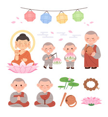 Illustration of various design elements for Buddha's Birthday. Buddha, monks, lanterns, prayer beads, etc.
