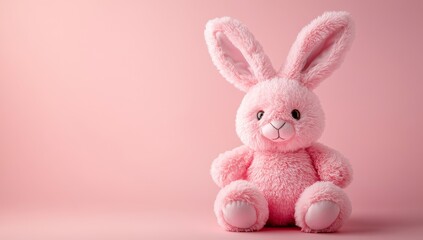 Obraz premium A stuffed animal such as a soft toy bunny with a baby pink rabbit on a pink background is perfect for a baby girl's room or as a gift at a baby shower for children