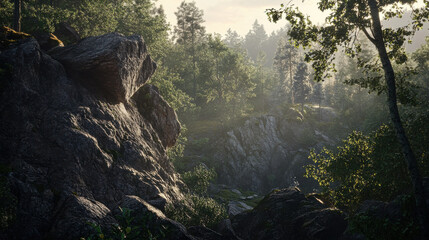 A serene wilderness scene showcasing a distinct rock formation, altered from common landmarks but maintaining a natural authenticity. The cliffs rise above a dense forest, their rugged textures emph