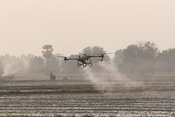 A drone controller spray pesticides over rice fields in Nakhon Sawan Province, north of Bangkok on March 22, 2025.