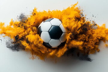 Dynamic sports scene featuring a soccer ball amidst an explosion of vibrant Dynamo Dresden yellow and black powder, showcasing energy
