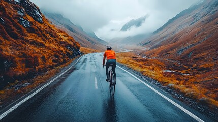 Cyclist riding on wet mountain road in autumn