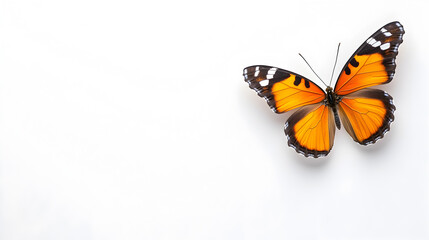 Fototapeta premium Bright orange and black butterfly with symmetrical wings on clean white background perfect for web banners or seasonal decor. Selective focus
