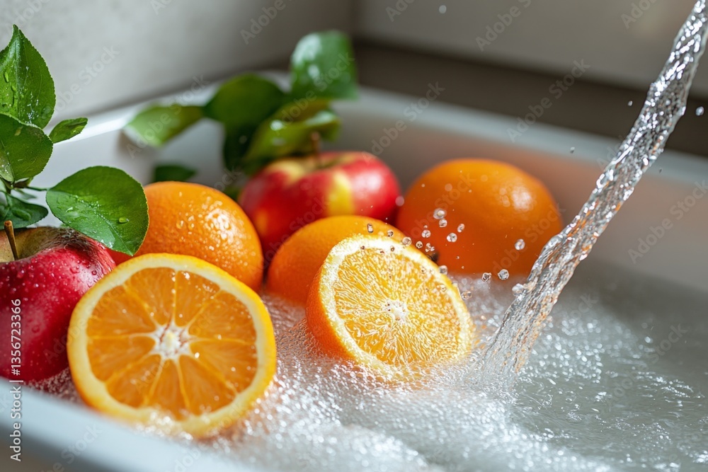 Poster fresh fruits being washed in a sink with flowing water during daylight in a kitchen setting
