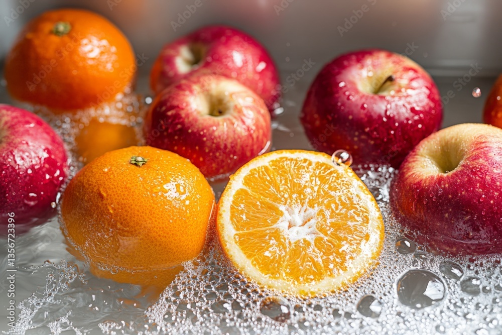 Poster fresh fruits soaking in water with bubbles highlighting texture and colors