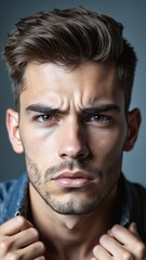 Obraz premium A young man with sharp facial features. The emotion in his face is intense, making the viewer feel his anxiety