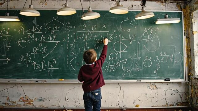Young boy writing math equations on a large chalkboard filled with formulas and numbers in a classroom setting