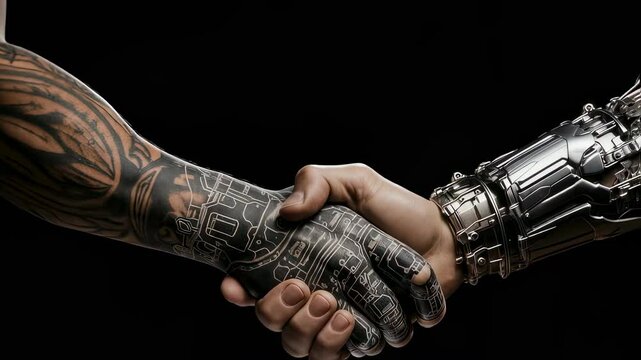 Future handshake with metal arm. Futuristic human connection video. Bionic technology cybernetic arm. Man with tattoo in skin circuit board interface footage