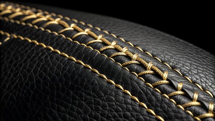 Luxurious Leather Stitching: An extreme close-up reveals the detailed craftsmanship of black leather, enhanced with golden stitching, perfect for textures and backgrounds.