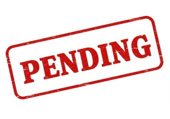 Red rubber stamp, distressed texture, bold capital letters, " PENDING " text