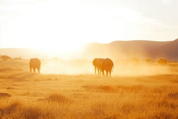 Obraz premium Majestic elephants roam through sunlit grasslands, creating sere