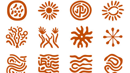 Abstract Ornament Patterns: An array of intricate brown ornamental patterns. Featuring geometric shapes, sunburst motifs, and flowing lines, all arranged on a textured surface.