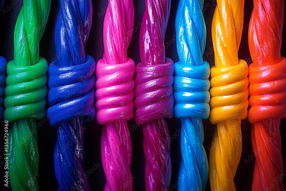 Poster colorful twisted ropes in vibrant hues arranged side by side on a dark background creates a striking