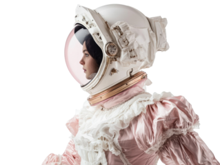 Elegant astronaut in Victorian dress ready for space exploration  on Transparent Background