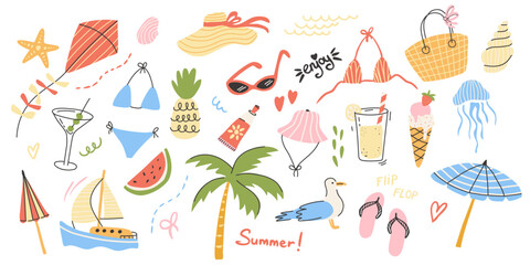 Summer Doodle Set. Fun Hand-Drawn Beach and Vacation Elements