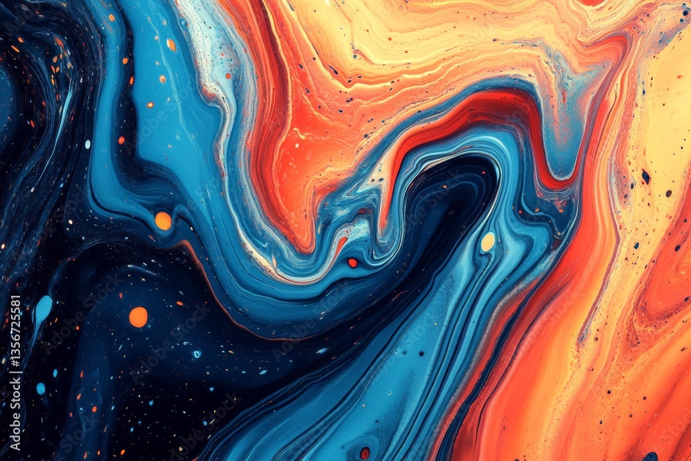 Poster colorful abstract swirl with vibrant blues, oranges, and reds showcasing fluid art techniques in a d
