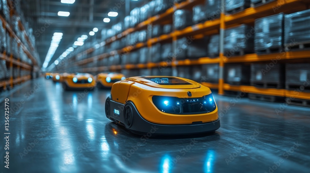 Aufkleber Automated robots move through a well organized warehouse filled with shelves of cargo, enhancing the efficiency of inventory management and distribution in real time.
